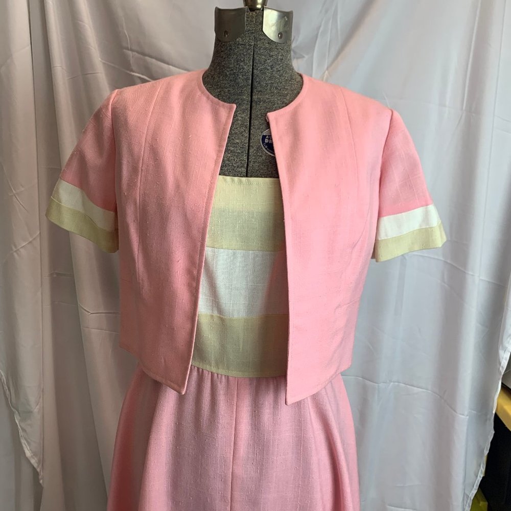 Vintage 60s David Warren Linen Type Pink and Taupe Dress and Jacket Set Size 8